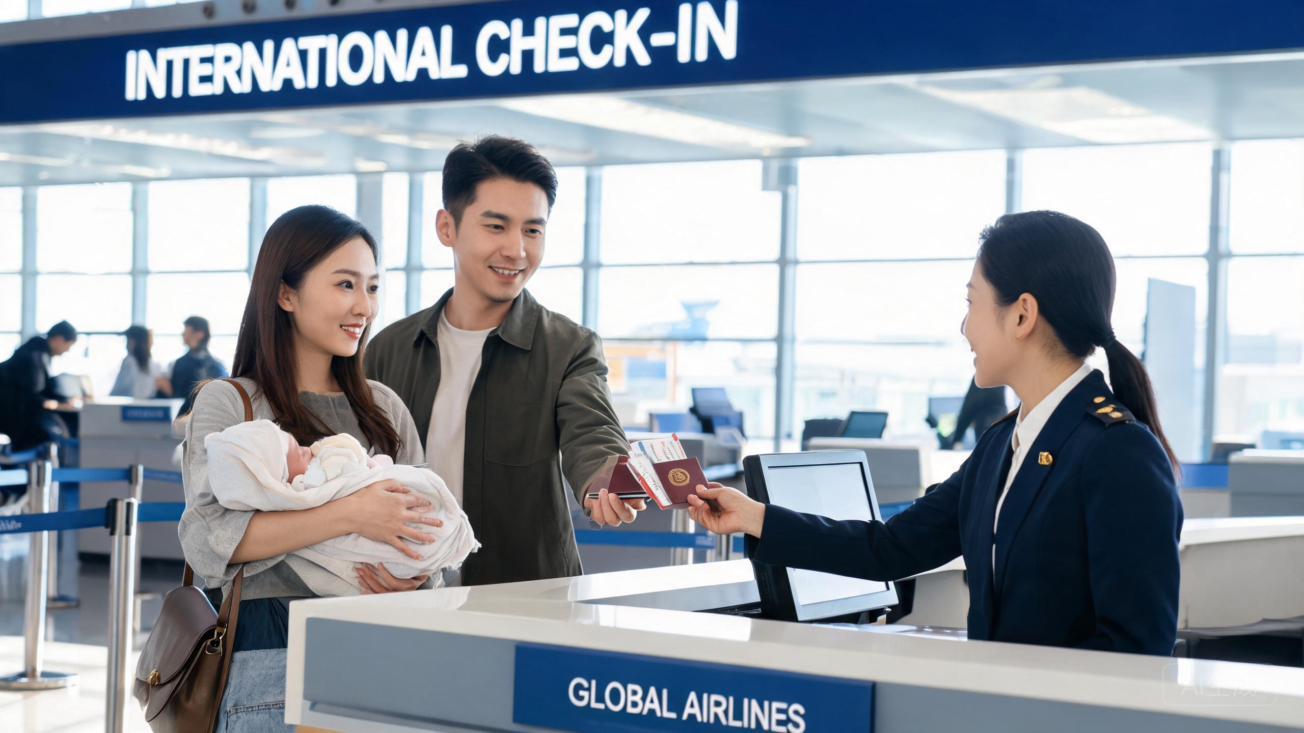 Border crossing checkpoint with family carrying baby and documentation Border crossing checkpoint with family carrying baby and documentation