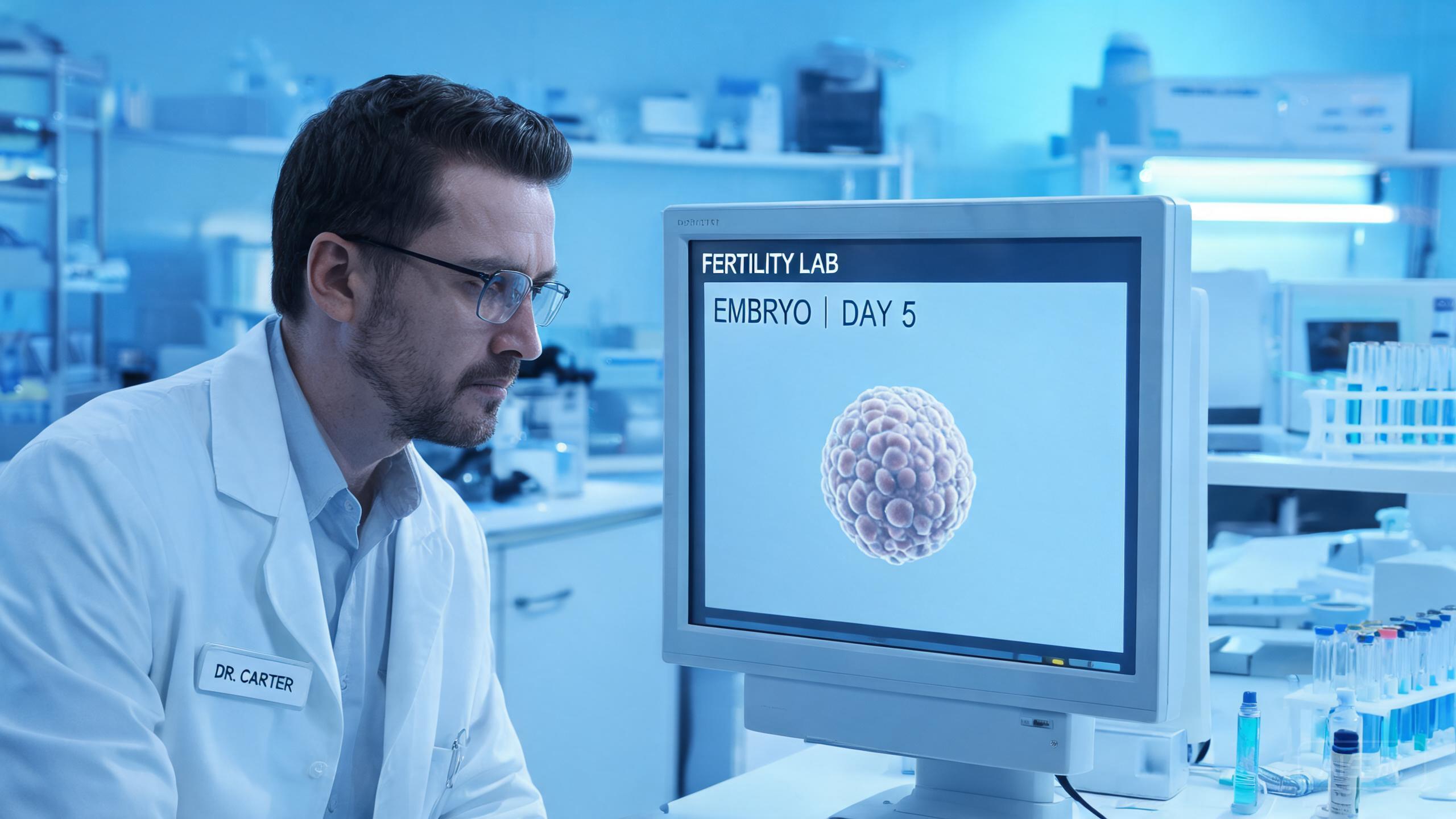 IVF lab technician preparing embryos for transfer procedure IVF lab technician preparing embryos for transfer procedure