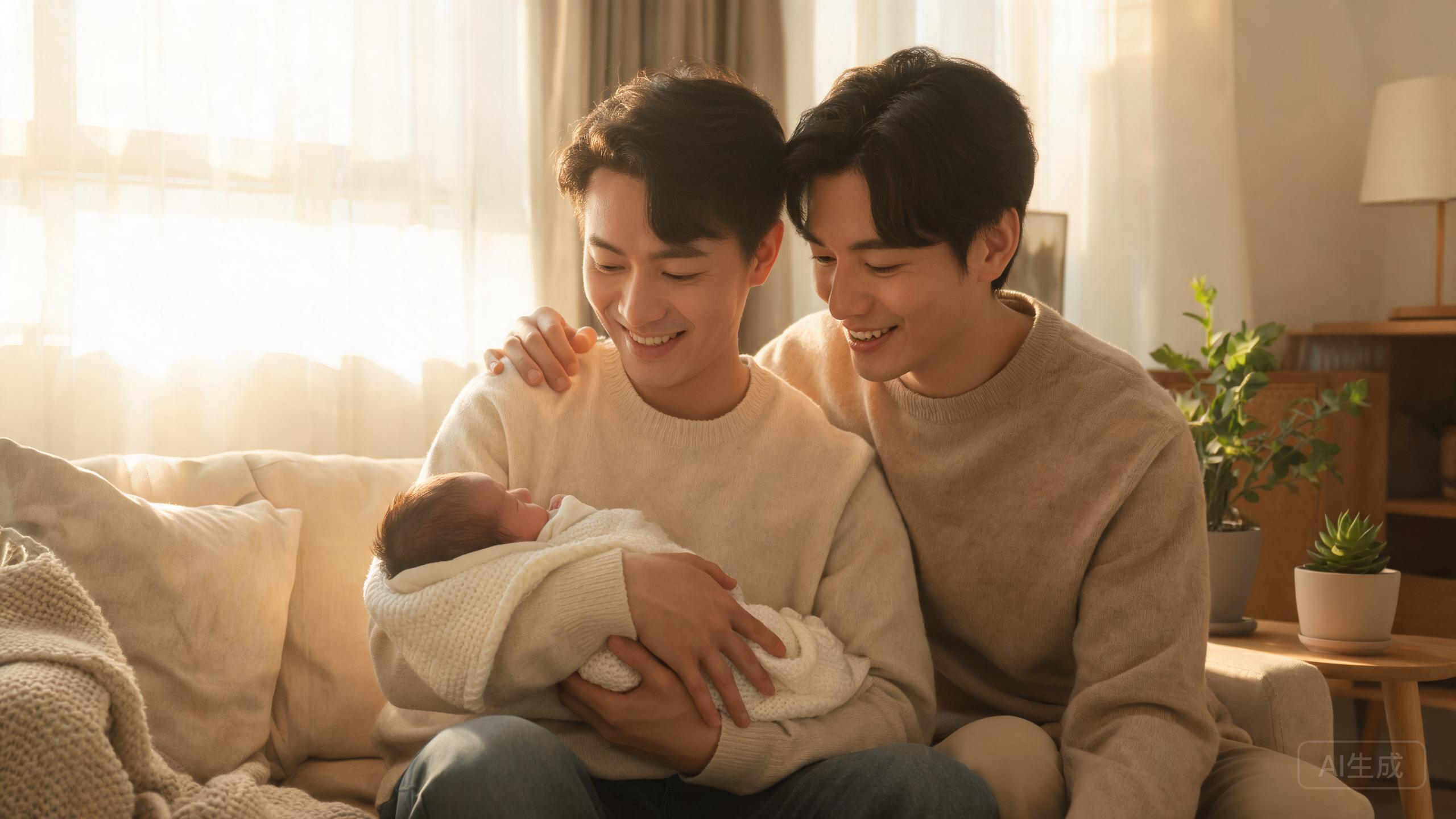 Two loving fathers holding their newborn baby with pride and joy Two loving fathers holding their newborn baby with pride and joy