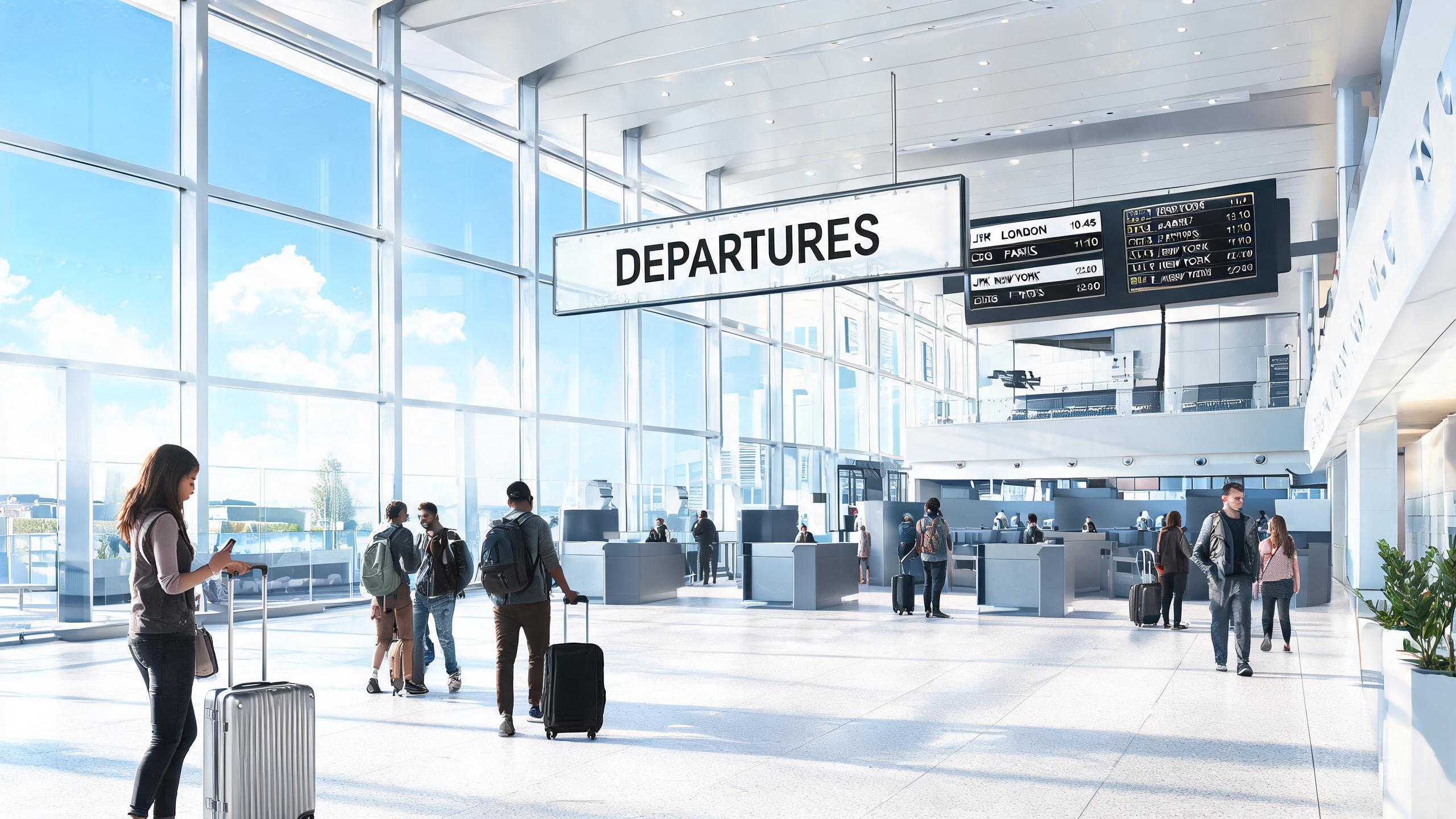 International airport departure hall with family carrying baby items and luggage International airport departure hall with family carrying baby items and luggage