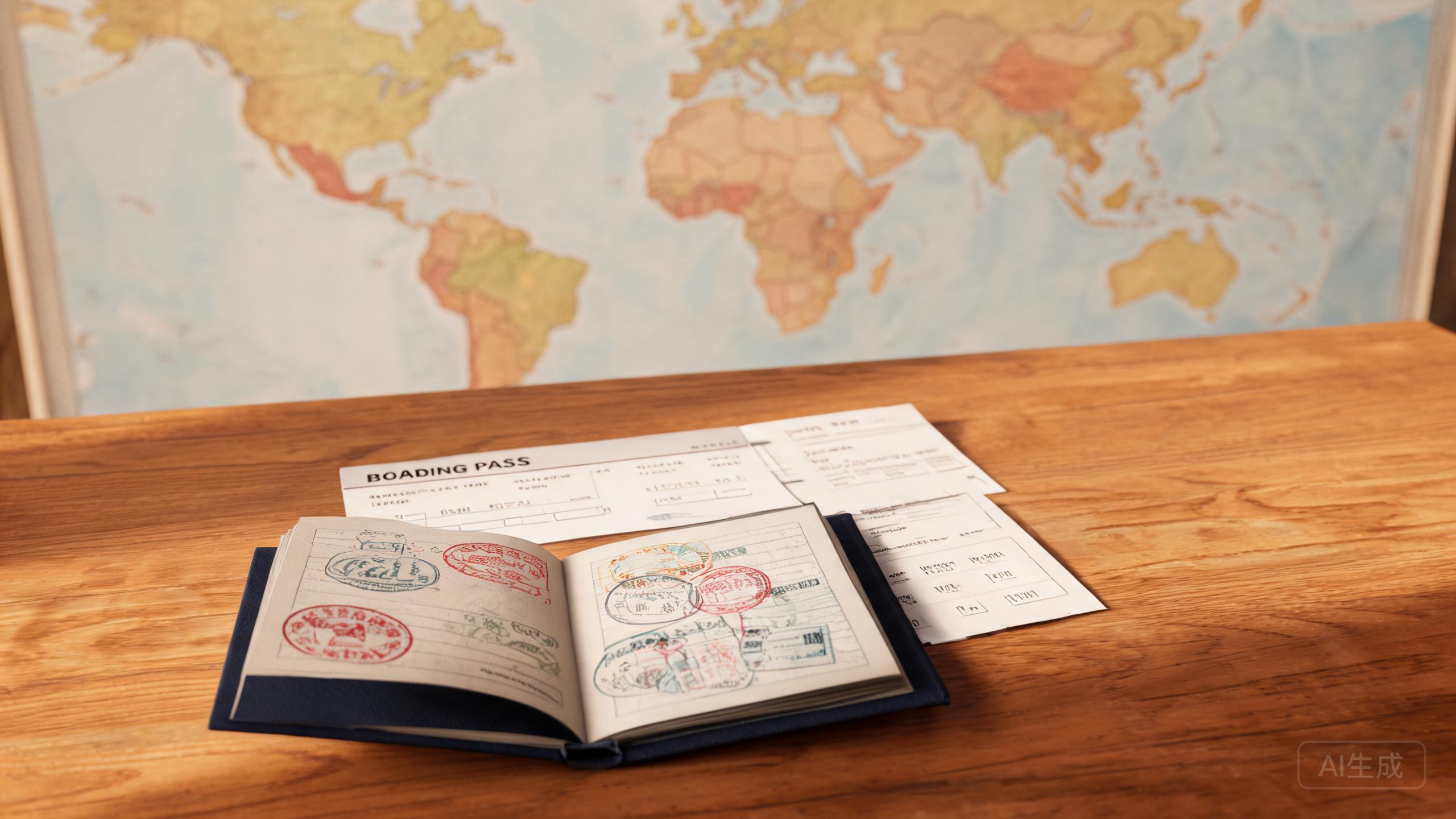Passport and travel documents arranged on desk with baby items Passport and travel documents arranged on desk with baby items