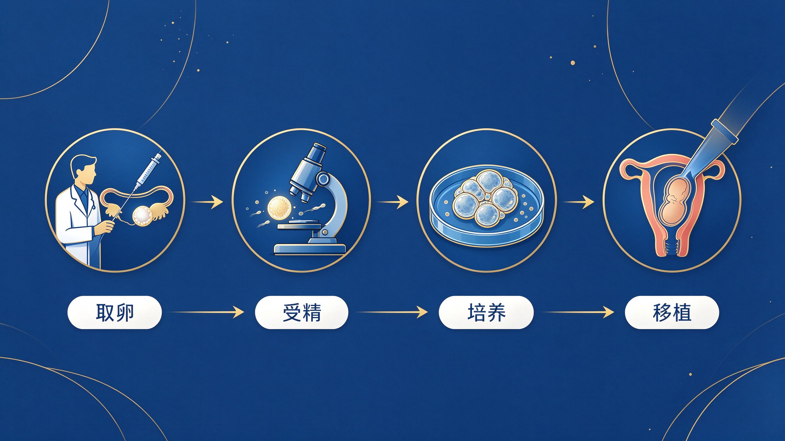 试管婴儿代孕医疗流程示意图，从取卵到胚胎移植